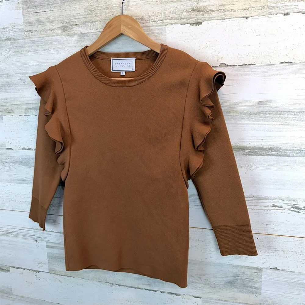 Apparalel Ruffled Shoulder Long Sleeve Top Brown Size Small - Picture 5 of 12